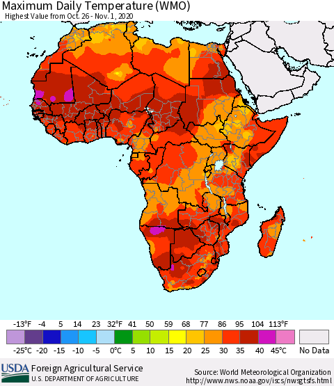 Africa Maximum Daily Temperature (WMO) Thematic Map For 10/26/2020 - 11/1/2020