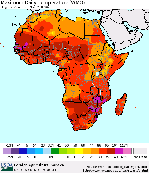 Africa Maximum Daily Temperature (WMO) Thematic Map For 11/2/2020 - 11/8/2020