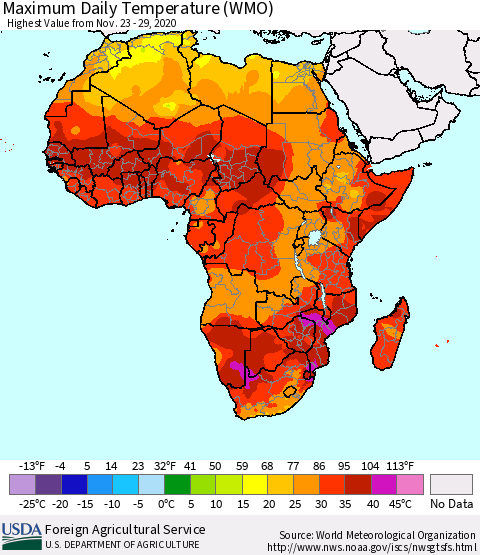 Africa Maximum Daily Temperature (WMO) Thematic Map For 11/23/2020 - 11/29/2020