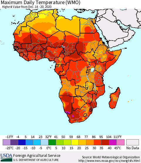 Africa Maximum Daily Temperature (WMO) Thematic Map For 12/14/2020 - 12/20/2020