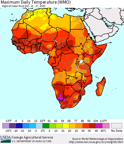 Africa Maximum Daily Temperature (WMO) Thematic Map For 12/21/2020 - 12/27/2020