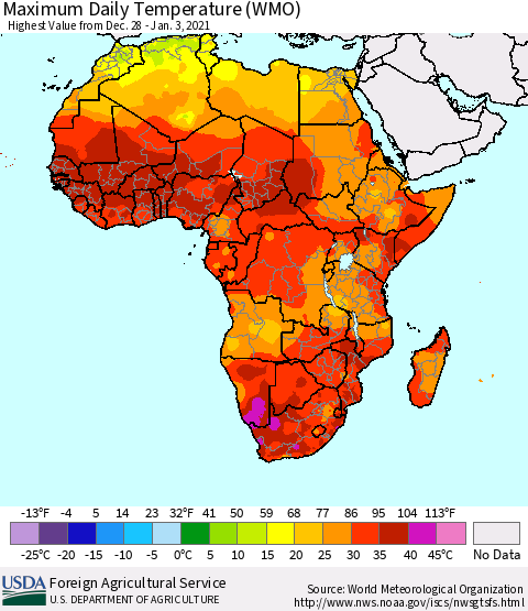 Africa Maximum Daily Temperature (WMO) Thematic Map For 12/28/2020 - 1/3/2021