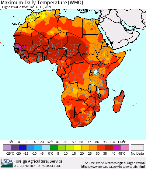 Africa Maximum Daily Temperature (WMO) Thematic Map For 1/4/2021 - 1/10/2021