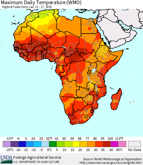 Africa Maximum Daily Temperature (WMO) Thematic Map For 1/11/2021 - 1/17/2021