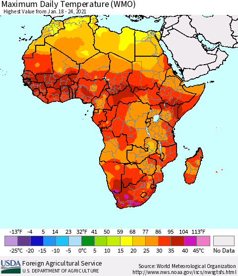 Africa Maximum Daily Temperature (WMO) Thematic Map For 1/18/2021 - 1/24/2021