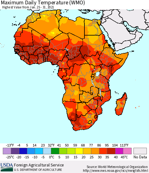 Africa Maximum Daily Temperature (WMO) Thematic Map For 1/25/2021 - 1/31/2021
