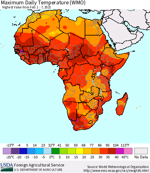 Africa Maximum Daily Temperature (WMO) Thematic Map For 2/1/2021 - 2/7/2021