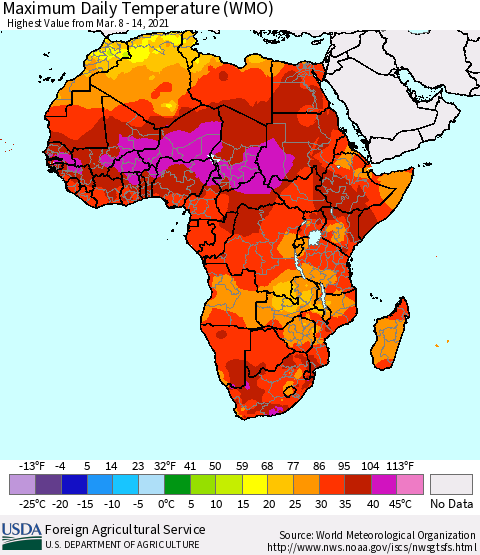 Africa Maximum Daily Temperature (WMO) Thematic Map For 3/8/2021 - 3/14/2021