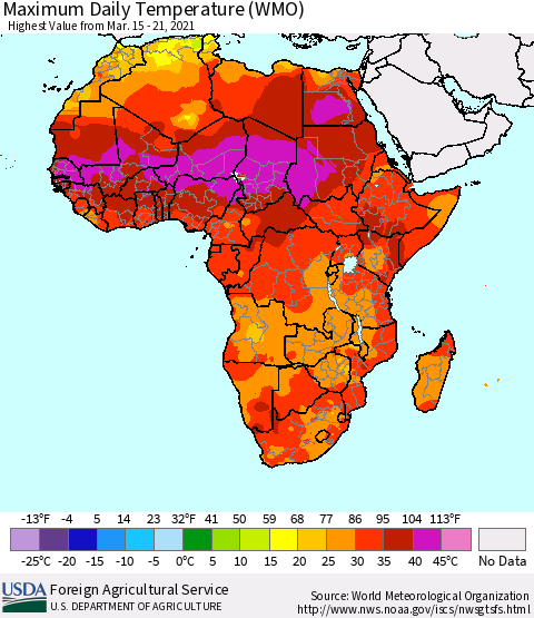 Africa Maximum Daily Temperature (WMO) Thematic Map For 3/15/2021 - 3/21/2021