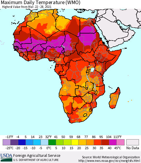 Africa Maximum Daily Temperature (WMO) Thematic Map For 3/22/2021 - 3/28/2021