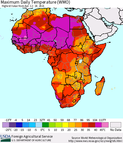Africa Maximum Daily Temperature (WMO) Thematic Map For 4/12/2021 - 4/18/2021