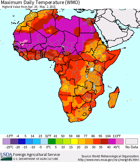 Africa Maximum Daily Temperature (WMO) Thematic Map For 4/26/2021 - 5/2/2021