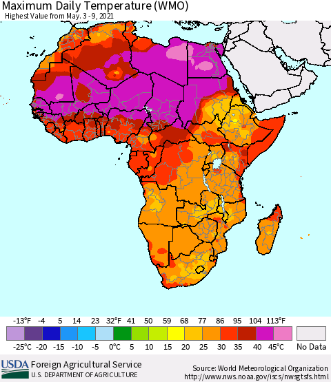 Africa Maximum Daily Temperature (WMO) Thematic Map For 5/3/2021 - 5/9/2021