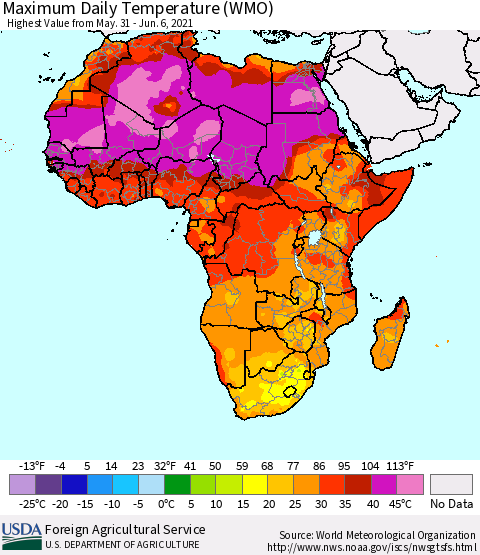 Africa Maximum Daily Temperature (WMO) Thematic Map For 5/31/2021 - 6/6/2021
