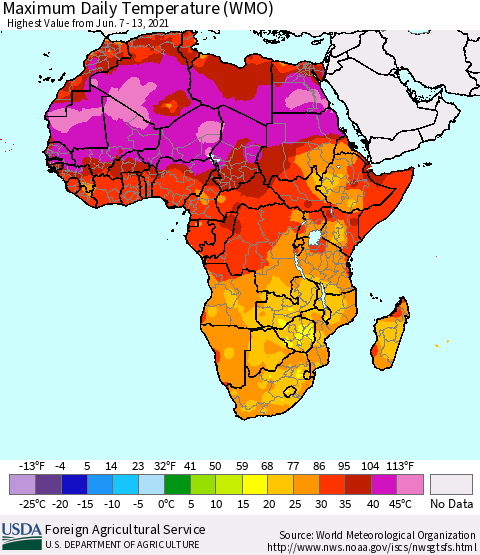 Africa Maximum Daily Temperature (WMO) Thematic Map For 6/7/2021 - 6/13/2021