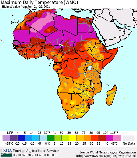 Africa Maximum Daily Temperature (WMO) Thematic Map For 6/21/2021 - 6/27/2021