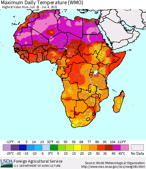 Africa Maximum Daily Temperature (WMO) Thematic Map For 6/28/2021 - 7/4/2021