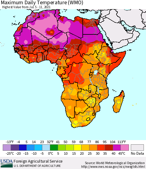 Africa Maximum Daily Temperature (WMO) Thematic Map For 7/5/2021 - 7/11/2021