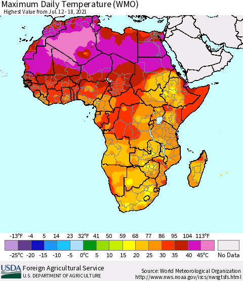 Africa Maximum Daily Temperature (WMO) Thematic Map For 7/12/2021 - 7/18/2021