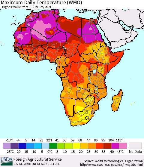 Africa Maximum Daily Temperature (WMO) Thematic Map For 7/19/2021 - 7/25/2021