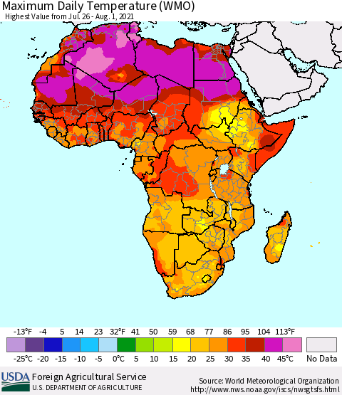 Africa Maximum Daily Temperature (WMO) Thematic Map For 7/26/2021 - 8/1/2021