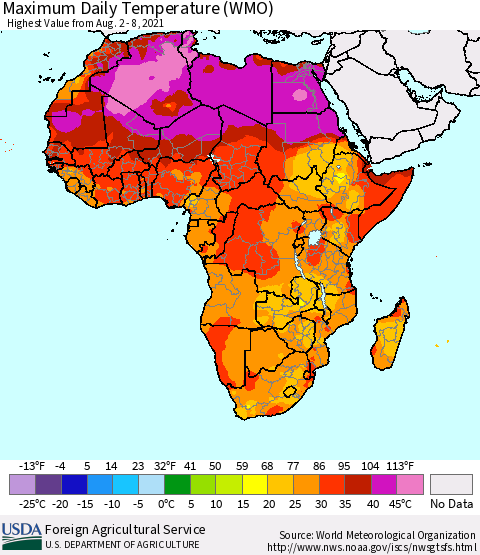 Africa Maximum Daily Temperature (WMO) Thematic Map For 8/2/2021 - 8/8/2021