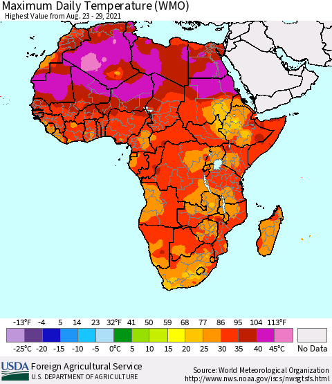 Africa Maximum Daily Temperature (WMO) Thematic Map For 8/23/2021 - 8/29/2021