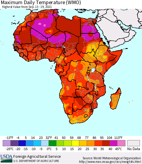 Africa Maximum Daily Temperature (WMO) Thematic Map For 9/13/2021 - 9/19/2021