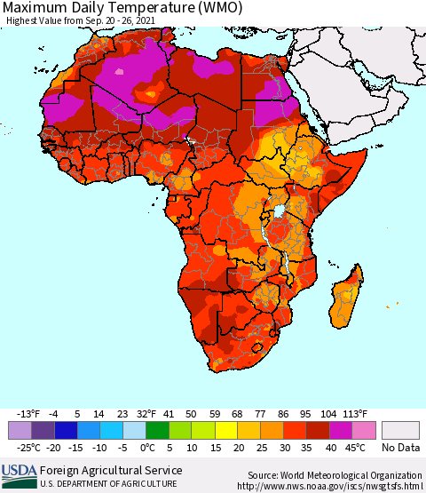 Africa Maximum Daily Temperature (WMO) Thematic Map For 9/20/2021 - 9/26/2021