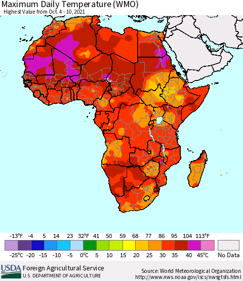 Africa Maximum Daily Temperature (WMO) Thematic Map For 10/4/2021 - 10/10/2021