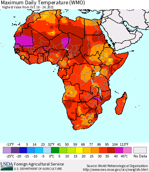 Africa Maximum Daily Temperature (WMO) Thematic Map For 10/18/2021 - 10/24/2021