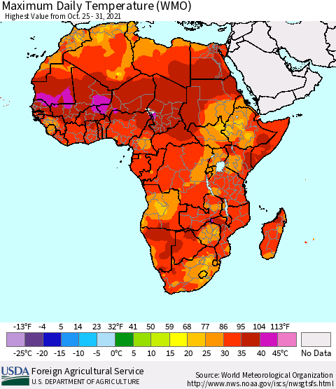 Africa Maximum Daily Temperature (WMO) Thematic Map For 10/25/2021 - 10/31/2021