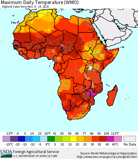 Africa Maximum Daily Temperature (WMO) Thematic Map For 11/8/2021 - 11/14/2021