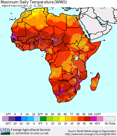 Africa Maximum Daily Temperature (WMO) Thematic Map For 11/15/2021 - 11/21/2021