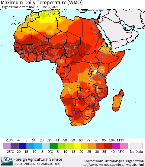 Africa Maximum Daily Temperature (WMO) Thematic Map For 11/29/2021 - 12/5/2021