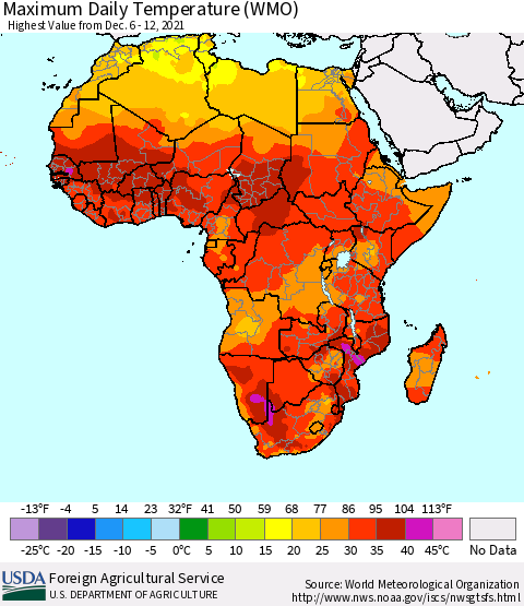 Africa Maximum Daily Temperature (WMO) Thematic Map For 12/6/2021 - 12/12/2021