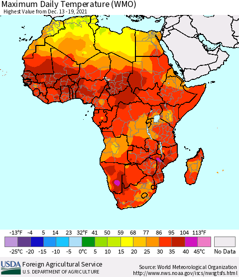 Africa Maximum Daily Temperature (WMO) Thematic Map For 12/13/2021 - 12/19/2021