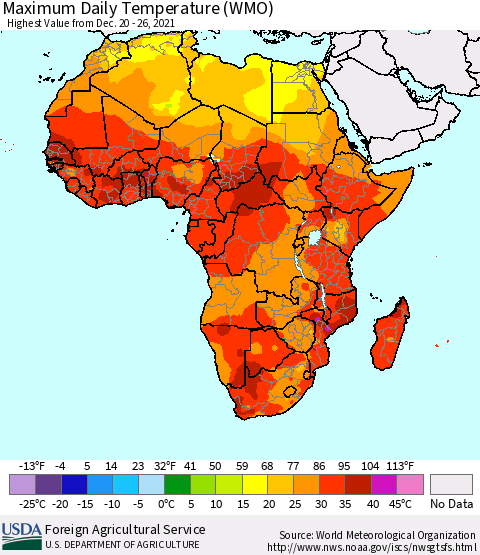 Africa Maximum Daily Temperature (WMO) Thematic Map For 12/20/2021 - 12/26/2021