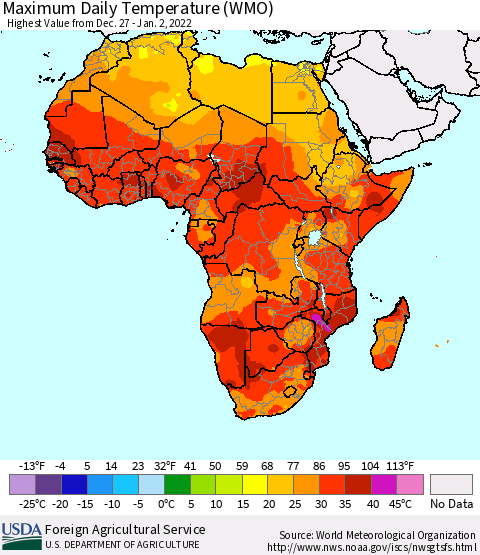 Africa Maximum Daily Temperature (WMO) Thematic Map For 12/27/2021 - 1/2/2022
