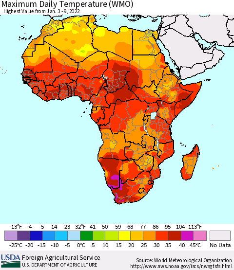 Africa Maximum Daily Temperature (WMO) Thematic Map For 1/3/2022 - 1/9/2022