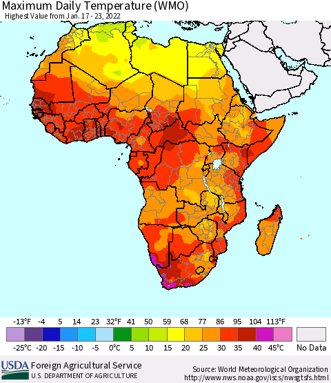 Africa Maximum Daily Temperature (WMO) Thematic Map For 1/17/2022 - 1/23/2022