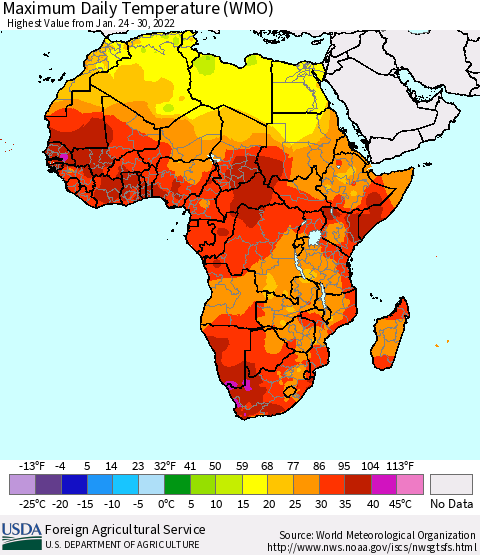 Africa Maximum Daily Temperature (WMO) Thematic Map For 1/24/2022 - 1/30/2022