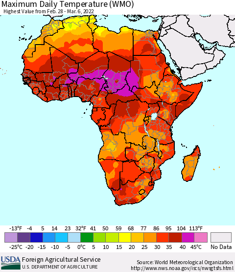 Africa Maximum Daily Temperature (WMO) Thematic Map For 2/28/2022 - 3/6/2022