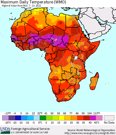 Africa Maximum Daily Temperature (WMO) Thematic Map For 3/7/2022 - 3/13/2022