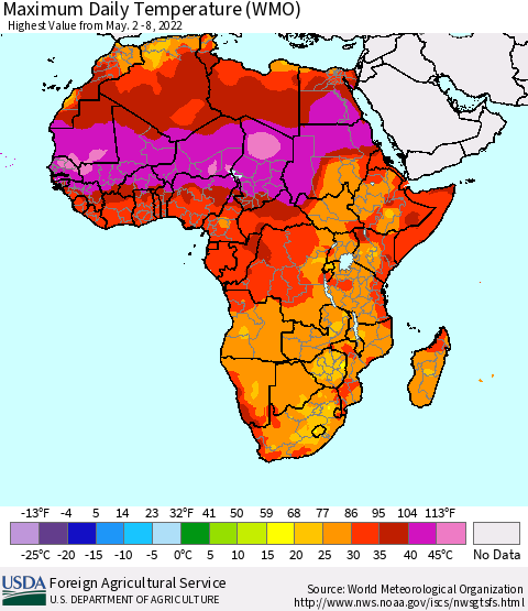 Africa Maximum Daily Temperature (WMO) Thematic Map For 5/2/2022 - 5/8/2022