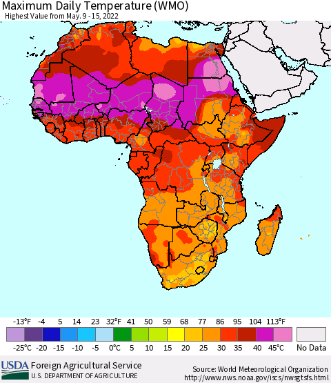 Africa Maximum Daily Temperature (WMO) Thematic Map For 5/9/2022 - 5/15/2022