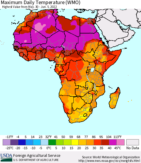 Africa Maximum Daily Temperature (WMO) Thematic Map For 5/30/2022 - 6/5/2022