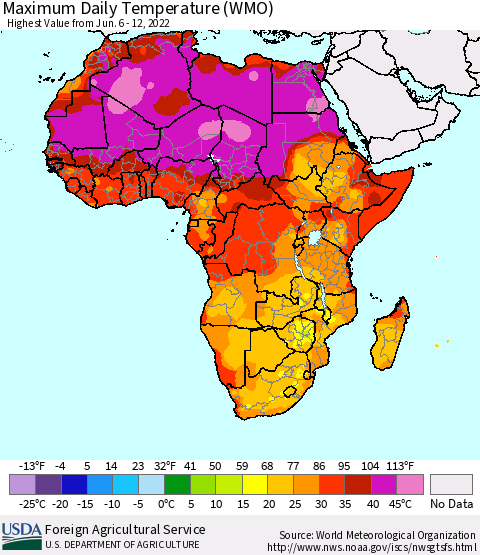 Africa Maximum Daily Temperature (WMO) Thematic Map For 6/6/2022 - 6/12/2022