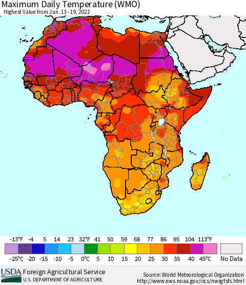 Africa Maximum Daily Temperature (WMO) Thematic Map For 6/13/2022 - 6/19/2022