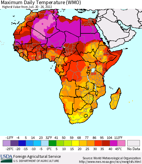 Africa Maximum Daily Temperature (WMO) Thematic Map For 6/20/2022 - 6/26/2022